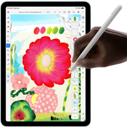 iPad Air, hand using Apple Pencil Pro to draw a colorful image of a flower on the Adobe Fresco app